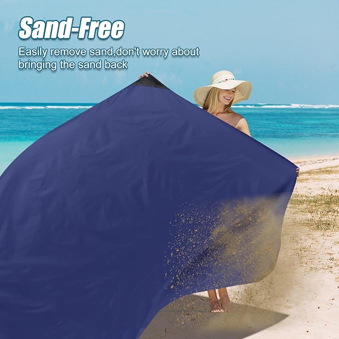 Odoland Pocket Blanket Picnic Blanket, 71" x 63" SandProof Waterproof Outdoor Beach Blanket with Portable Bag, Foldable Lightweight Sand Free Quick Drying Beach Mat for Hiking Camping Travel, Blue