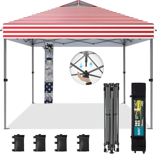 GREEN PARTY 10x10 ft Pop Up Canopy Tent, 1-Person Setup Instant Outdoor Canopy with Vented Top, Wheeled Carry Bag, 4 Ropes & 4 Sandbag -American Flag