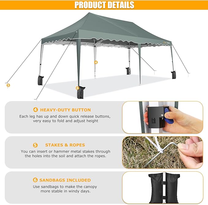 HOTEEL 10x20 Pop Up Canopy, Outdoor Easy Setup Party Tent, Waterproof Portable Enclosed Event Shelter with Wheeled Bag, Weight Bag for Backyard, Vendor, Grey Green