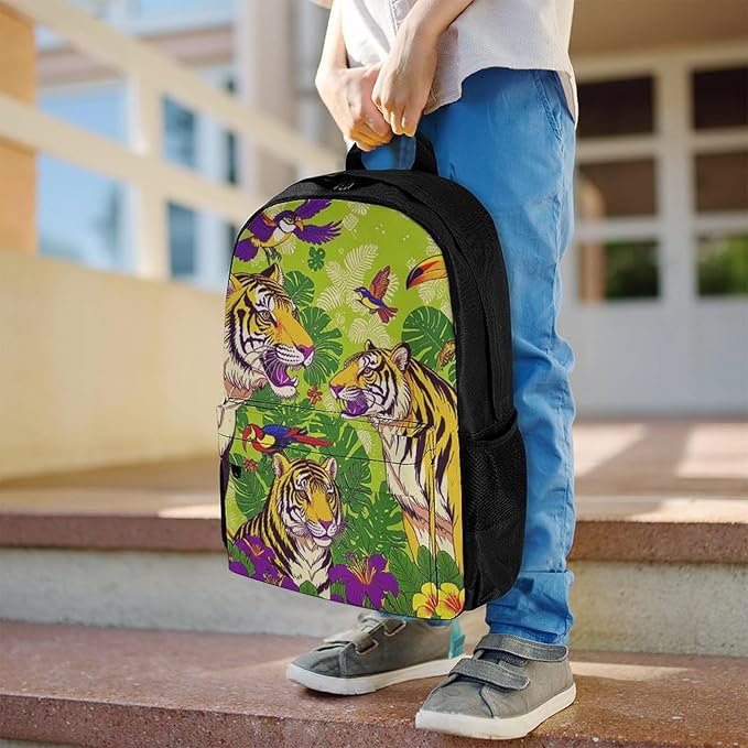 Supdreamc Daypack Backpack Polyester Anti-Theft Multipurpose Tropical Floral Wild Animals Tigers Parrot Green Bookbag Big Capacity Travel Hiking Camping Rucksack With Smooth Zippers