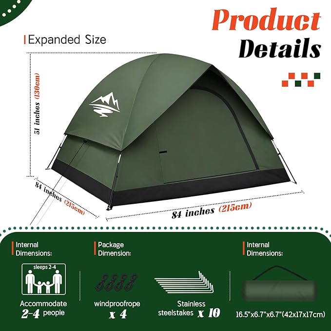 Tents for Camping 2/3/4 Person with Rainfly - Camping Tent Waterproof Windproof Easy Setup, Portable Double Layer Outdoor Dome Tent, Backpacking Tents for Adventure Backyard Hiking