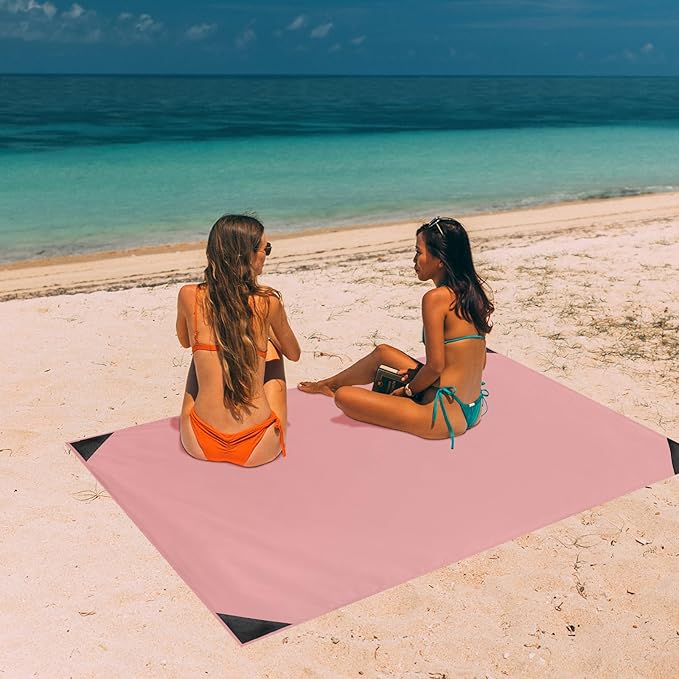 Odoland Beach Blanket Picnic Blanket, 43" x 63" SandProof Waterproof Outdoor Pocket Blanket with Portable Bag, Foldable Lightweight Sand Free Quick Drying Beach Mat for Hiking Camping Travel, Pink