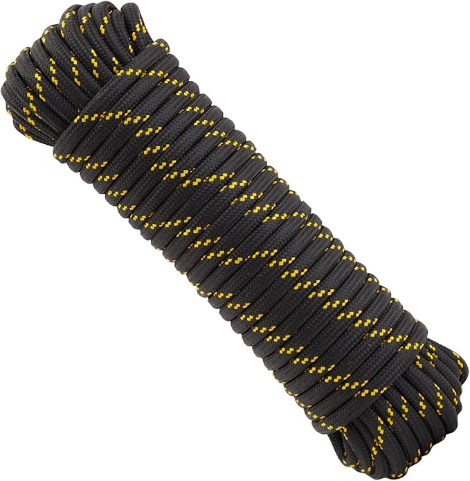Diamond Braided Rope - 1/2 in x 100 ft, Black & Yellow - Polyester Heavy Duty Rope for Camping, Outdoor Gear & Emergency Tent Setup