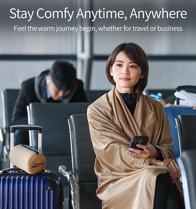 Litume Travel Blanket Lightweight and Breathable, 67 x 48 in Soft Airplane Flight Blanket for Travelers, Foldable Camping Sheet with Stuff Sack for Train, Camp, backapcking, office, home(Creamy Brown)
