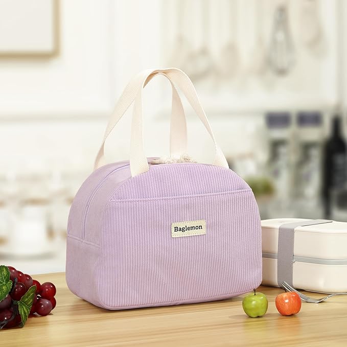Lunch Bag for Women Men Cute Corduroy Lunch Tote Bags Reusable Insulated Lunch Box Large Capacity Reusable Insulated Cooler for Work/Picnic/Travel (Corduroy Purple)