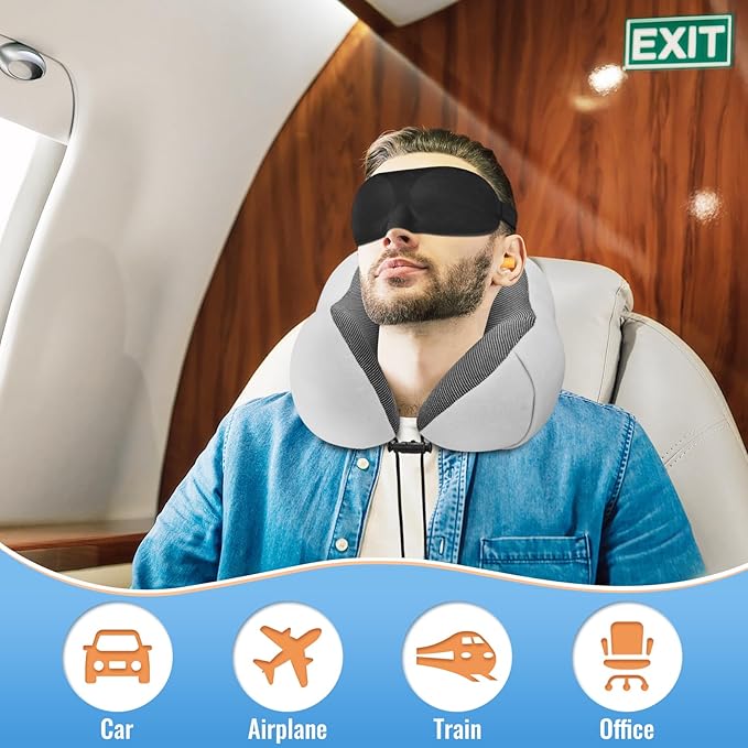 CloudBliss Travel Pillow Premium Memory Foam, Comfortable & Supportive Neck Pillow, Neck Pillows for Sleeping Travel, Airplane Pillow for Sleeping Airplane, Car, Office and Home(Black & Dark Grey)