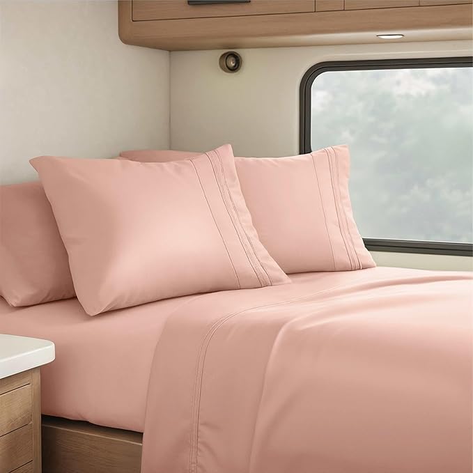 Hearth & Harbor Short Queen Sheets for RV, Blush Pink RV Queen Sheets, Silky Soft 1800 Microfiber Bed Sheet for Camper, 4 Piece RV Bedding with Pillowcases