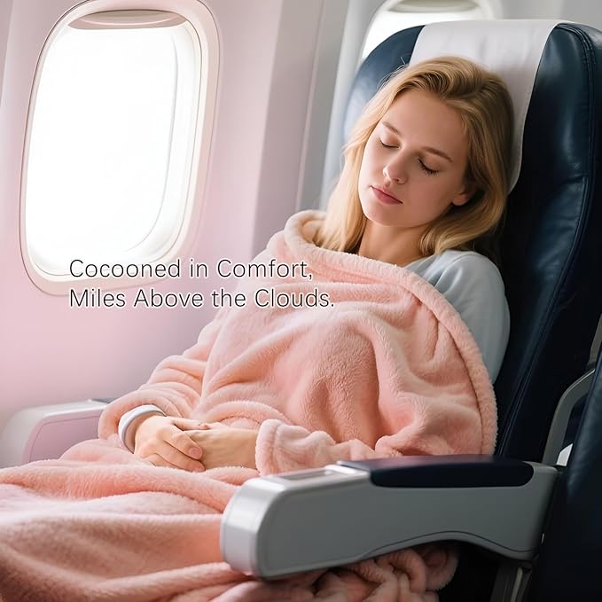 Melissa Large Travel Blanket and Inflatable Pillow Set - 69โ x 43.3โ โ Soft Blanket with Carry Bag โ Lightweight, Compact & Washable for Backpacking, Hiking, Airplane, Car, Office, Camping (Pink)