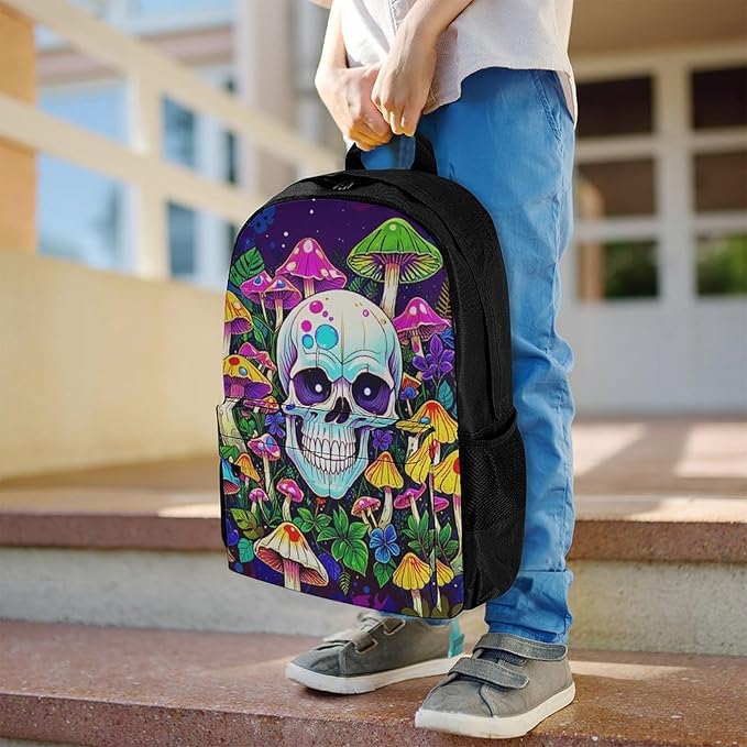Supdreamc Men Women Lightweight Glowing Skull Mushroom Art Backpack Large Capacity Bookbag With Smooth Zippers for Gym Business Running