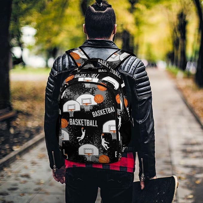 Casual Lightweight Laptop Backpack Game Sports Basketball Print Art, Cute Travel Daypack with Tumbler Holder for College Nurse Teacher Work Commute