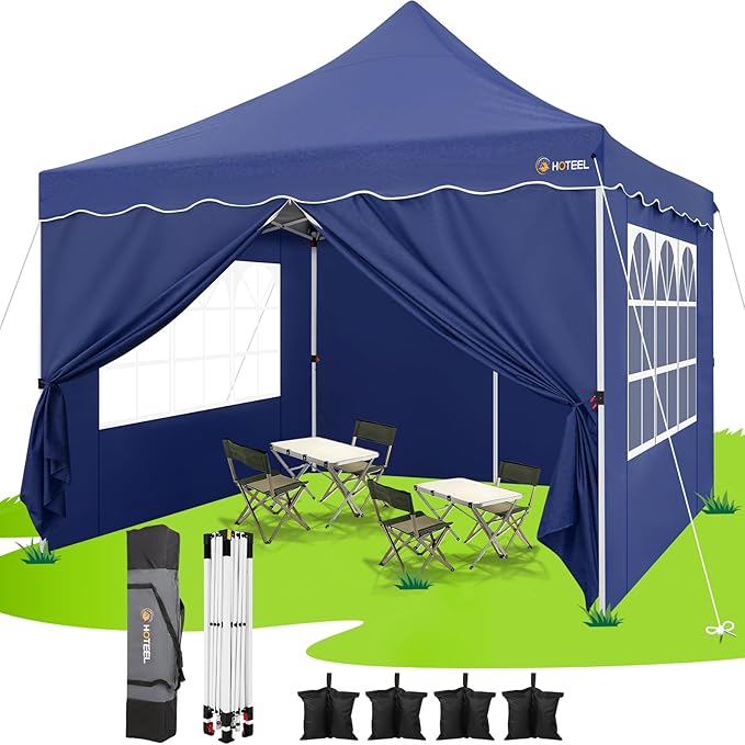 HOTEEL Canopy Tent 10x10 Pop Up Canopy with 4 Removable Sidewalls, Sandbags, Stakes & Ropes, UPF 50+ Easy Setup Canopy Tent Waterproof Outdoor Instant Portable Shelter for Party, Events, Vendor, Navy