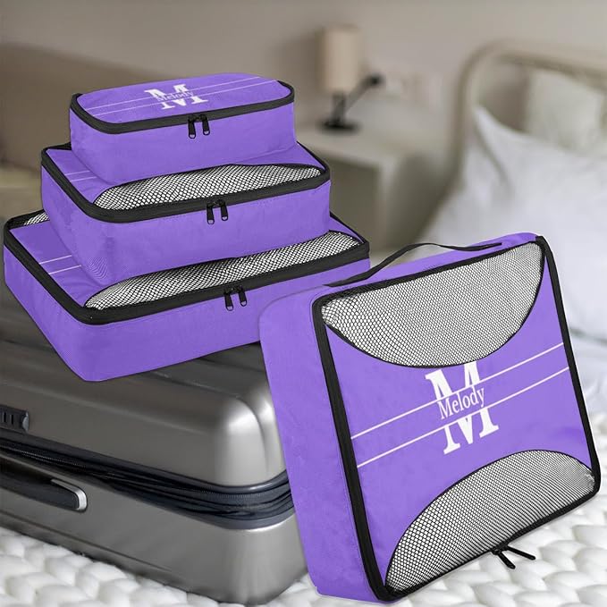 Custom Packing Cubes with Name, 4Pcs/Set Travel Luggage Packing Organizers Set for Women, MediumPurple with Initial Letter