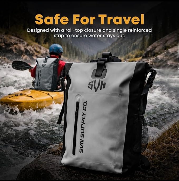 SVN Supply Co. Heavy-Duty Waterproof Backpack – Roll-Top Dry Bag for Hiking, Kayaking, Camping & Outdoor Adventures – Padded Shoulder Straps (Grey)