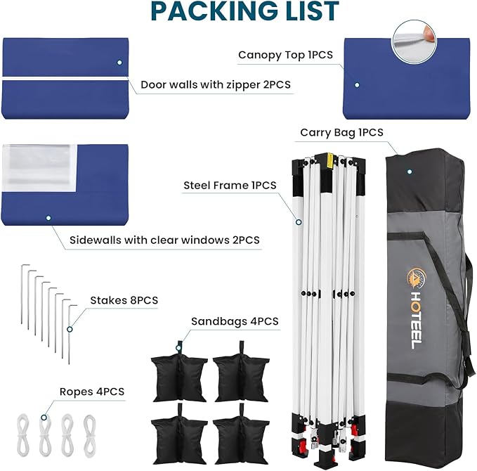 HOTEEL Canopy Tent 10x10 Pop Up Canopy with 4 Removable Sidewalls, Sandbags, Stakes & Ropes, UPF 50+ Easy Setup Canopy Tent Waterproof Outdoor Instant Portable Shelter for Party, Events, Vendor, Navy