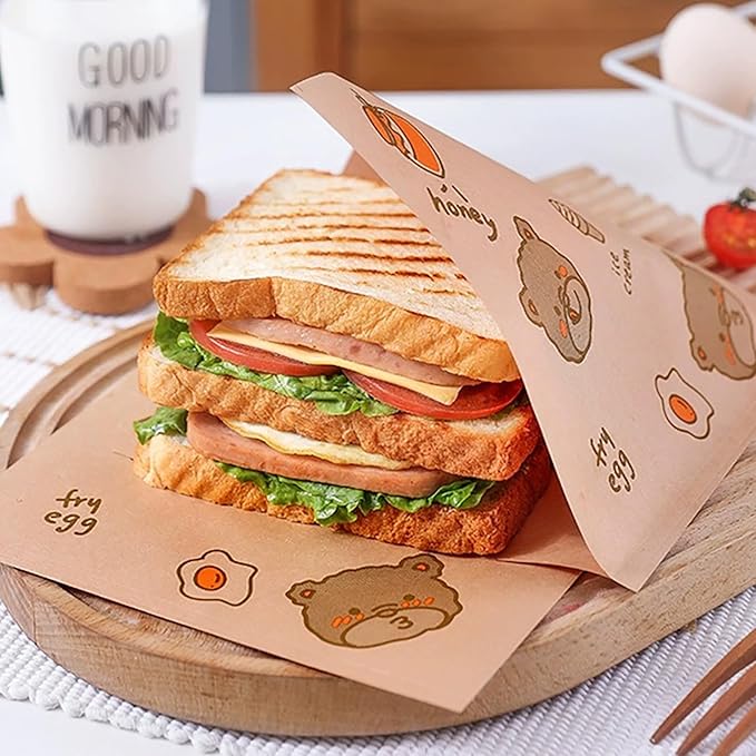 100 PCS 7x7 Inch Grease Proof Paper Bags, Double Open End Sandwich Bags for Pretzels, Burgers, Cookies | Bulk Snack Bags for Concession Stands, Birthday Parties, Wedding Favors (bear pattern)