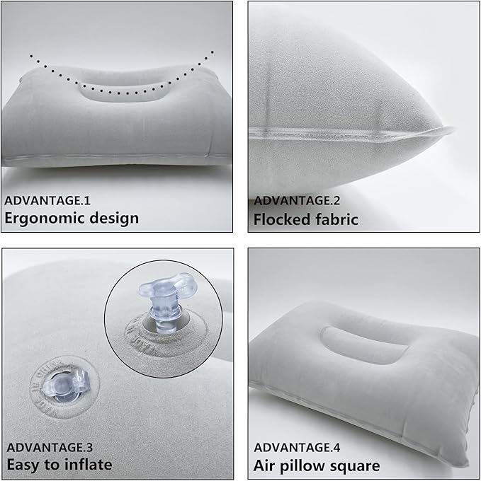 4 Pack Gray Ultralight Inflatable Pillow Small Squared Flocked Fabric Air Pillow for Beach Camping,Traveling,Hiking,Napping,Desk Rest,Neck & Lumbar Support