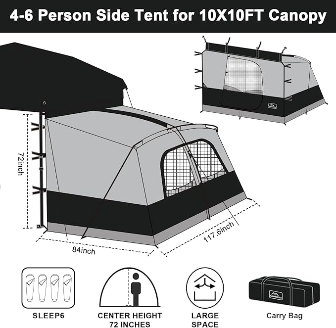 KAMPKEEPER Canopy Side Tent,4-6 Person Camping Cube Tent for 10x10 Pop Up Canopies,Easy Up Gazebo with Window,Compatible with 10' Wide Canopy Tents