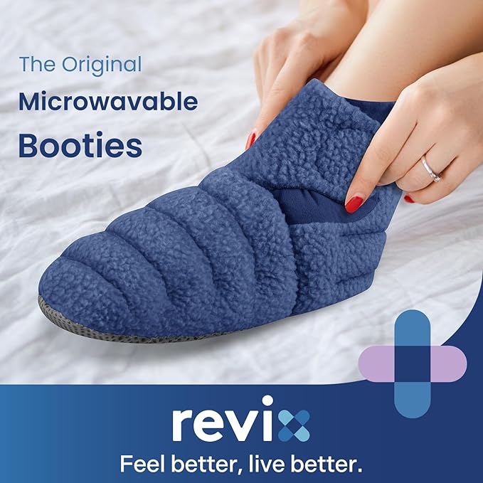 REVIX Microwave Booties for Cold Feet & Discomfort Relief, Heated Slippers for Women & Men with Moist Heat Therapy, Microwavable Foot Warmers for Home & Bed Use, Adjustable Non-Slip Slippers, Navy L