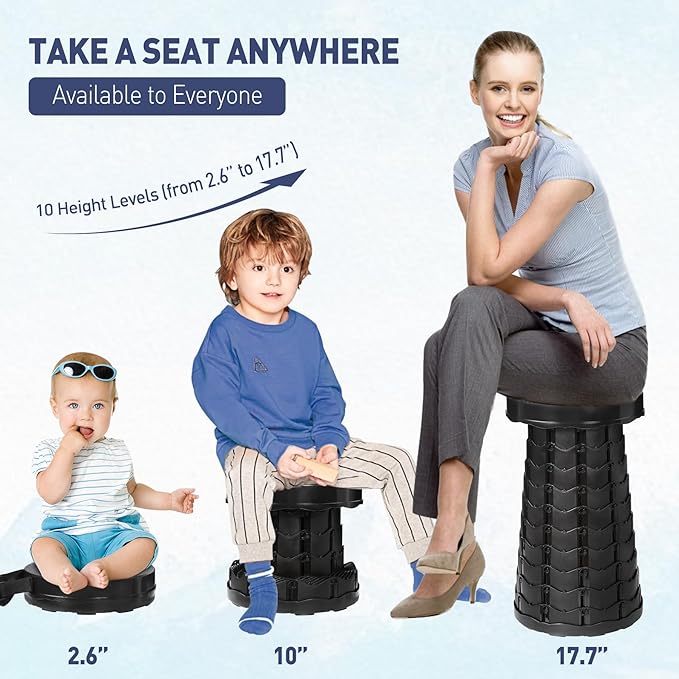 Upgraded Collapsible Stool, Portable Folding Stool with Load Capacity 500lbs for Adults, Sturdy Telescopic Seat for Camping Fishing Hiking BBQ, Black