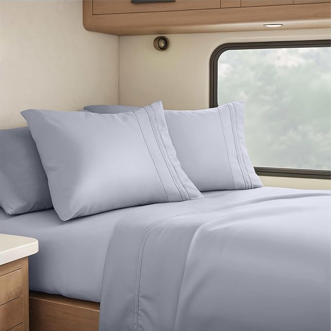 Hearth & Harbor Short Queen Sheets for RV, Grey Lavender RV Queen Sheets, Silky Soft 1800 Microfiber Bed Sheet for Camper, 4 Piece RV Bedding with Pillowcases