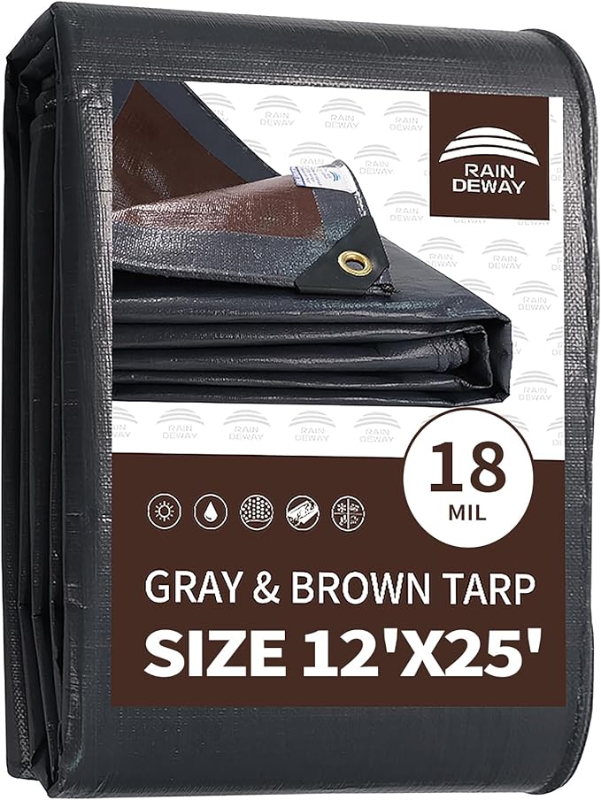RAINDEWAY 12x25 Feet Super Heavy Duty Tarp 18 Mil, UV Resistant, Weatherproof, Multipurpose Waterproof Poly Tarp with Grommets and Reinforced Edges, Brown/Gray Tarps
