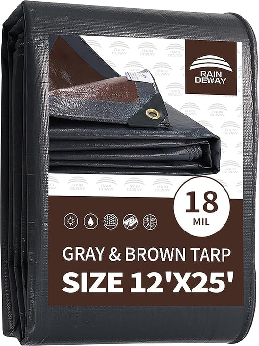 RAINDEWAY 12x25 Feet Super Heavy Duty Tarp 18 Mil, UV Resistant, Weatherproof, Multipurpose Waterproof Poly Tarp with Grommets and Reinforced Edges, Brown/Gray Tarps