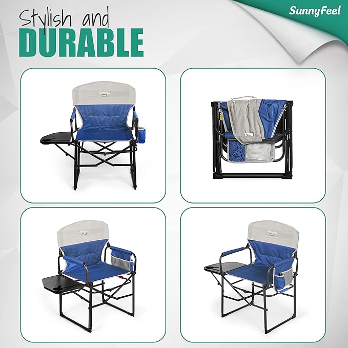 SUNNYFEEL Camping Directors Chair, Heavy Duty,Oversized Portable Folding Chair with Side Table, Pocket for Beach, Fishing,Trip,Picnic,Lawn,Concert Outdoor Foldable Camp Chairs