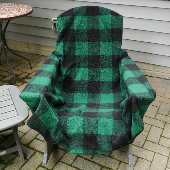 The Chair Blanket – Reversible, Waterproof & Sherpa-Lined - Stretchable Elastic Back - Original Patio Chair Cover – Ideal for Homes and Outdoor Furniture- with Carry Pouch (Green Plaid)