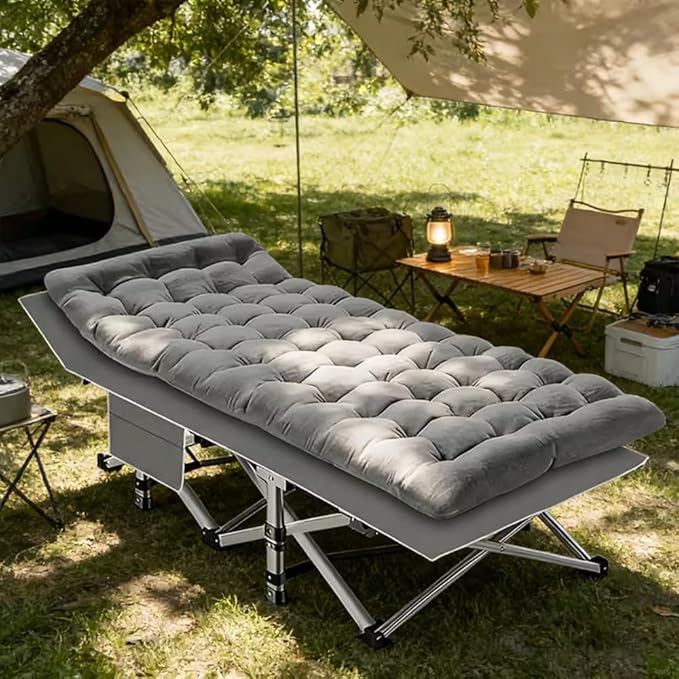 Comfortable and Soft Folding Bed, Portable Camping cot with Side Pockets and Mattress, Extra-Thick Oversized Folding Bed, Weight Capacity of 500/600/700 lbs (Grey 600lbs)
