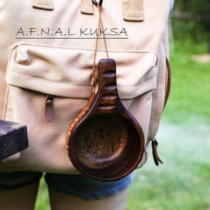 Kuksa Camping Mug Wooden Bushcraft Handcarved Cup, Nordic Style Coffee & Hiking Kuksa, Walnut Wood, Double Hole, 6.7 oz., 6.3" x 3.8" x 2.4"