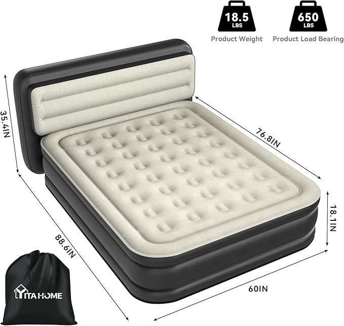YITAHOME Queen Size Air Mattress with Pump and Banded Headboard, 18in Luxury Flocked Top Blow up Mattress, Durable Inflatable Mattress for Home & Guests, Black AirBed