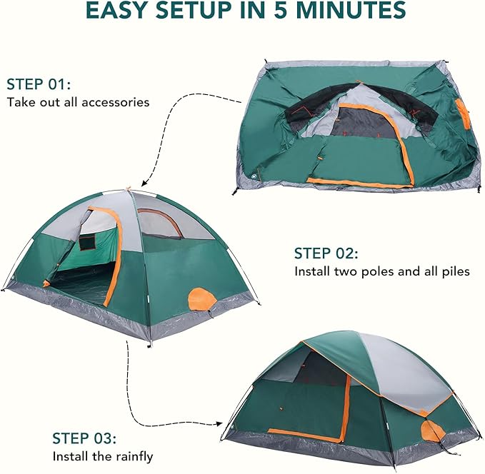OLIXIS Camping Tent 2/4 Person, Waterproof Windproof Dome Tent with Multi-Directional Ventilation, Quick 5 Min Setup for Family Outdoor, Backpacking, Hiking