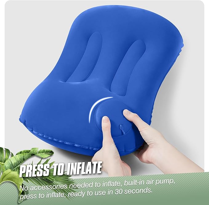 2-Pack Inflatable Camping Pillow, Portable Travel Pillow for Sleeping, Lightweight Compact Inflatable Pillows for Beach, Hiking, Backpacking, Airplane Travel, Press-to-Inflate Design (Blue)