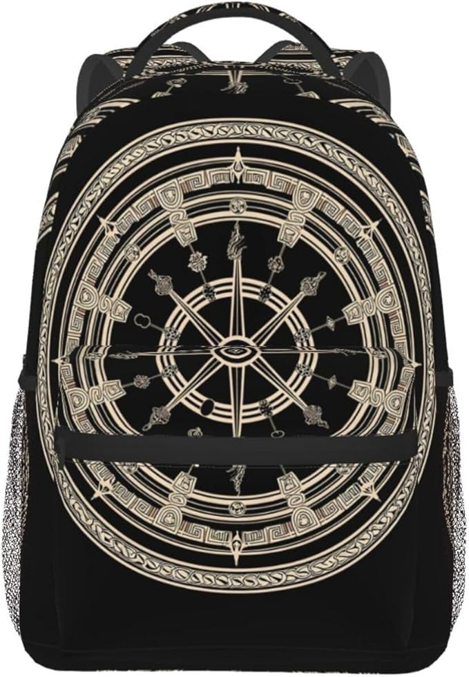 Rucksacks Lightweight Multipurpose Anti-Theft Black Celtic Viking Magical Runic Compass Vegvisir Circle Of Norse Runes Art Shoulder Bag Big Capacity Traveling Camping Backpack With Side Pockets