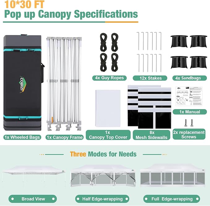 COBIZI 10x30 Canopy Tent, Heavy Duty Pop up Canopy with Sidewalls, Waterproof Easy Setup Canopy with Mosquito Netting, Outdoor Instant Screen Tents for Parties, Wedding with Roller Bag, White