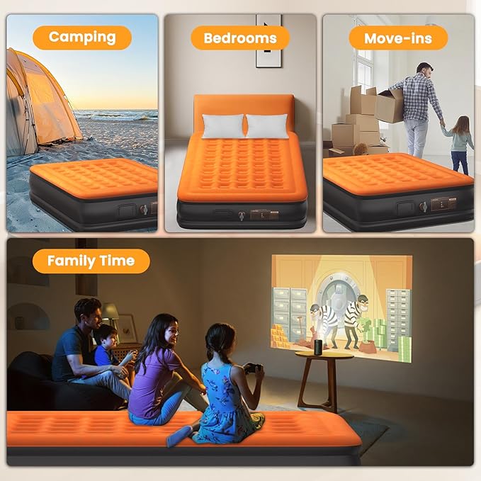 Queen Air Mattress with Built in USB Rechargeable Pump, Portable Blow Up Mattress, 16" Inflatable Mattress with Waterproof Flocking Fabric, Camping Mattress for Home, Travel, Guest, 800 lbs Max