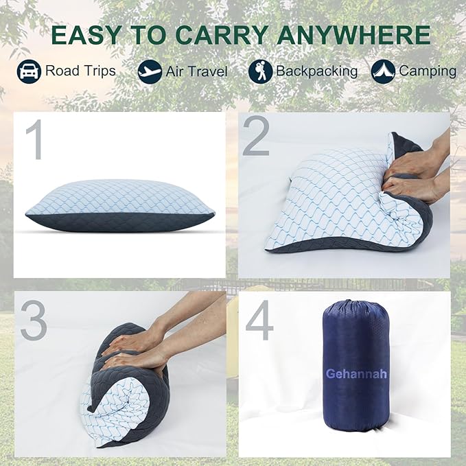 Gehannah Travel Pillow - Large 1 Pack Compressible Camping Pillow for Sleeping - Shredded Memory Foam with 1 Storage Bags - Supportive for Adults, Kids, Outdoor, Backpacking, Hiking Gear