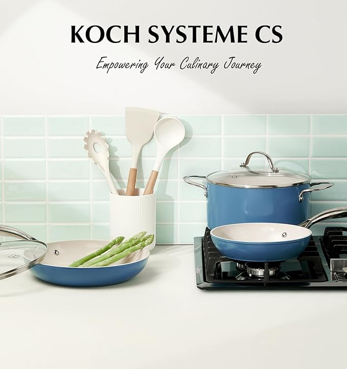 KOCH SYSTEME CS Nonstick Frying Pan with Lid, 10 Inch Non Stick Skillet with Stay-Cool Stainless Steel Handle, Omelet Pan with Nonstick Ceramic Coating, PFOA Free, Dishwasher & Oven Safe, Blue