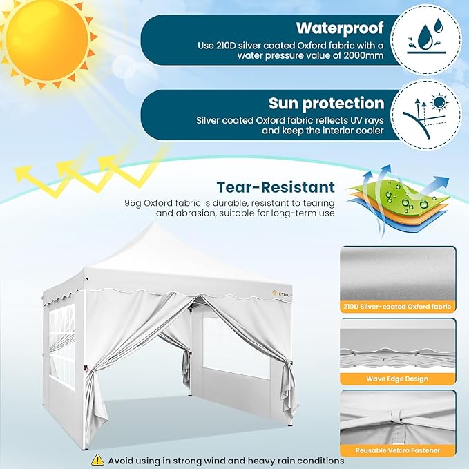 HOTEEL 10x10 Pop Up Canopy Tent with 4 Removable Sidewalls, Sandbags, Stakes & Ropes, UPF 50+ Easy Setup Event Tent Waterproof Outdoor Instant Portable Shelter for Party, Backyard, Vendor, White