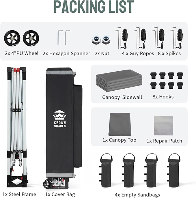 CROWN SHADES 10x10 Pop Up Canopy Tent Instant Commercial 1-Person Setup Patended Centerlock with 400D Fabric, 4 Sidewalls, 4" Wheels, 4 Upgraded Weights, Sto'N Go Bag, Gray