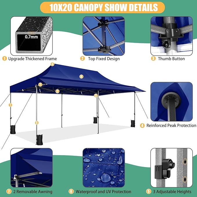 COBIZI 10x20 Pop Up Canopy Tent with Awning,Heavy Duty Canopy UPF 50+ All Season Wind Waterproof Commercial Outdoor Street Vendors Party Tents for Parties Canopy with Roller Bag(10 x 20 ft Dark Blue)