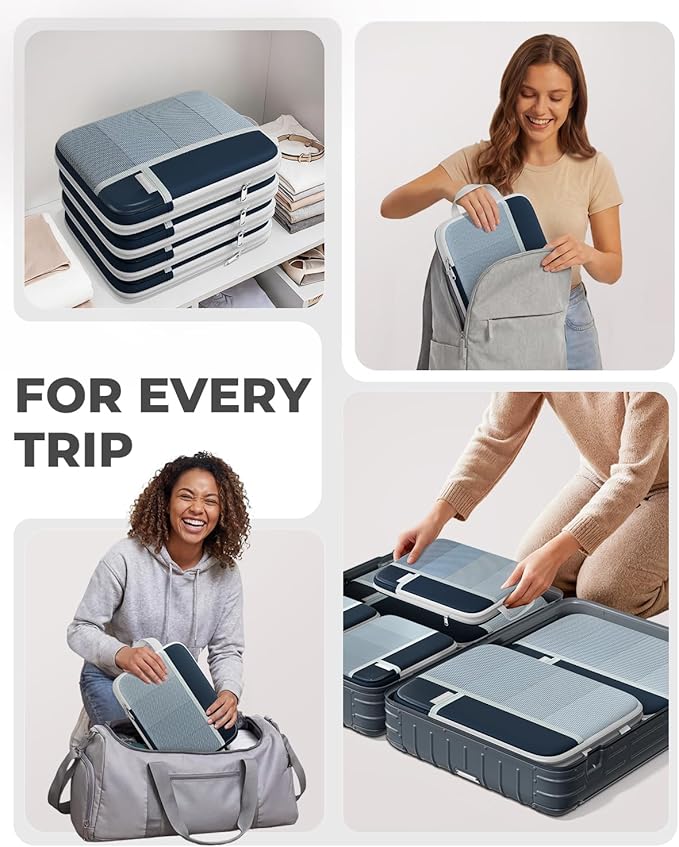 Percover Compression Packing Cubes 4-Piece Set, Packing Cubes Compression for Travel with Label Pockets, Travel Organizer for Carry On & Checked Luggage, Navy Blue