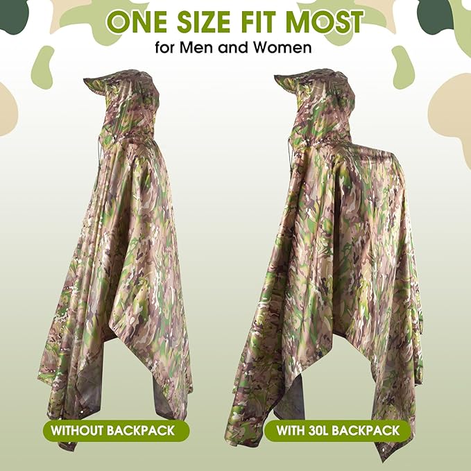 Military Camo Rain Poncho, Extra Large Tactical Poncho Shelter, with Pocket, Waterproof, for Hunting Hiking Camping Emergency