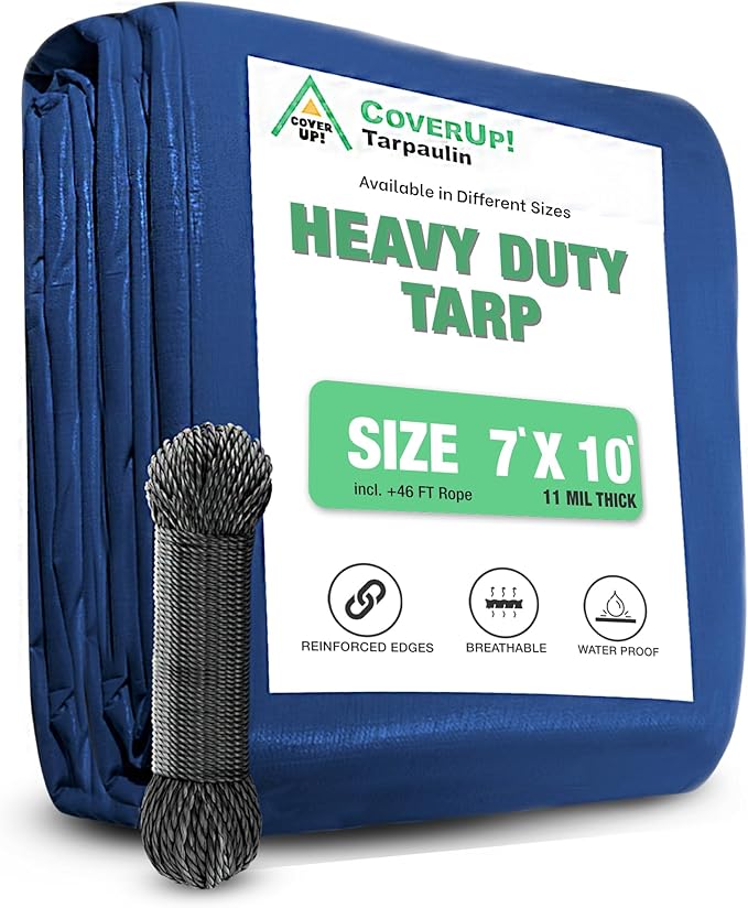 CoverUp 7x10 Feet Tarp, 11 Mil Thick Heavy Duty Tarp Waterproof, 46 FT Rope for Fastening - UV-Resistant, Tear-Proof Cover with Grommets for Rain, Roof, RV, Camping, Pool, Outdoor Protection, Blue