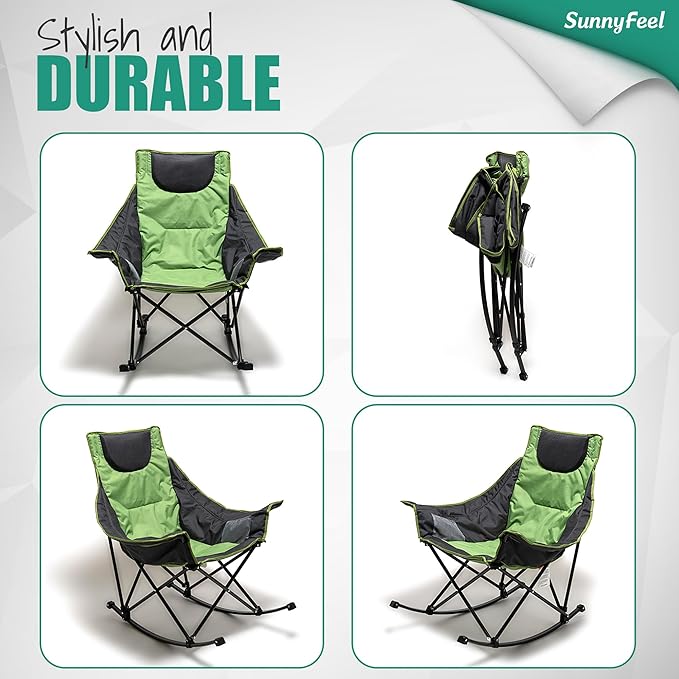 SUNNYFEEL Oversized Rocking Camping Chair, Fully Padded Patio Chair with Side Pocket, High Back Portable Lawn Recliner with Headrest, Outdoor Camp Rocker Chairs for Adults Heavy Duty 300 LBS