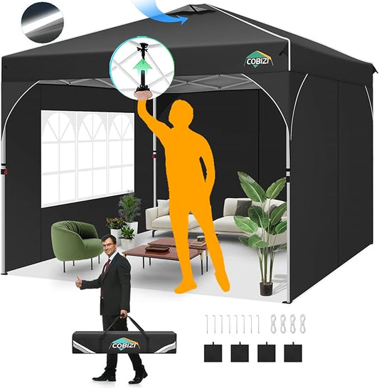 COBIZI 10x10 Pop up Canopy, Canopy Tent 10x10 with 3 Sidewalls, 1 Person Easy Set up,Tents for Parties, Outdoor Tent with Fluorescent Strip & 4 Sandbags, Waterproof, 3 Adjustable Height(Black)