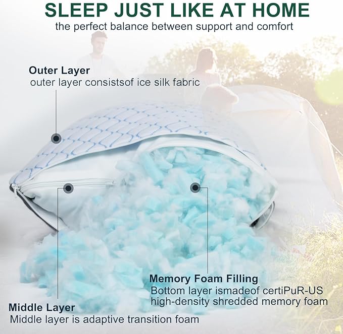 Gehannah Travel Pillow - Compressible Camping Pillow for Sleeping, Shredded Memory Foam Pillow with Storage Bag Compact Supportive (Grey, Large(2 Pack))