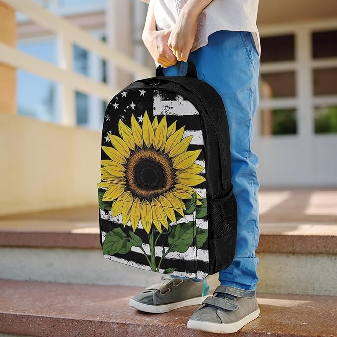 Supdreamc Lightweight Daypack for Camping Business Walking Cycling, Large Capacity Anti-Theft Multipurpose Bookbag, American Thin Black Line Flag Sunflower Art Gym Outdoor Hiking Backpack