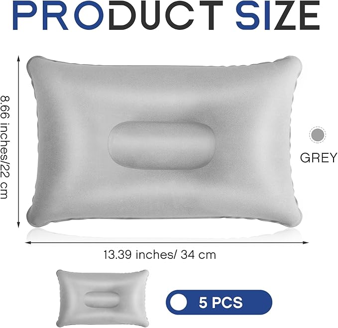 Maitys 5 Pieces Inflatable Travel Pillow Portable Compact Air Pillow Flocked Fabric Backpacking for Camping Hiking Home Office Sleeping Neck Head Lumbar Support(13.39 x 8.66 Inches,Gray)
