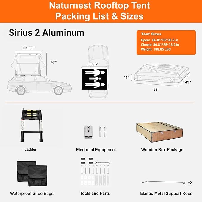 Naturnest Rooftop Tent Aluminum Hard Shell, Easy Set Up Large Roof Tent for 3 Person Camping Top Tents, Waterproof UV-Resistant 4 Season Tents for Truck, Jeep, SUV, Trailer - Sirius 2 Aluminum